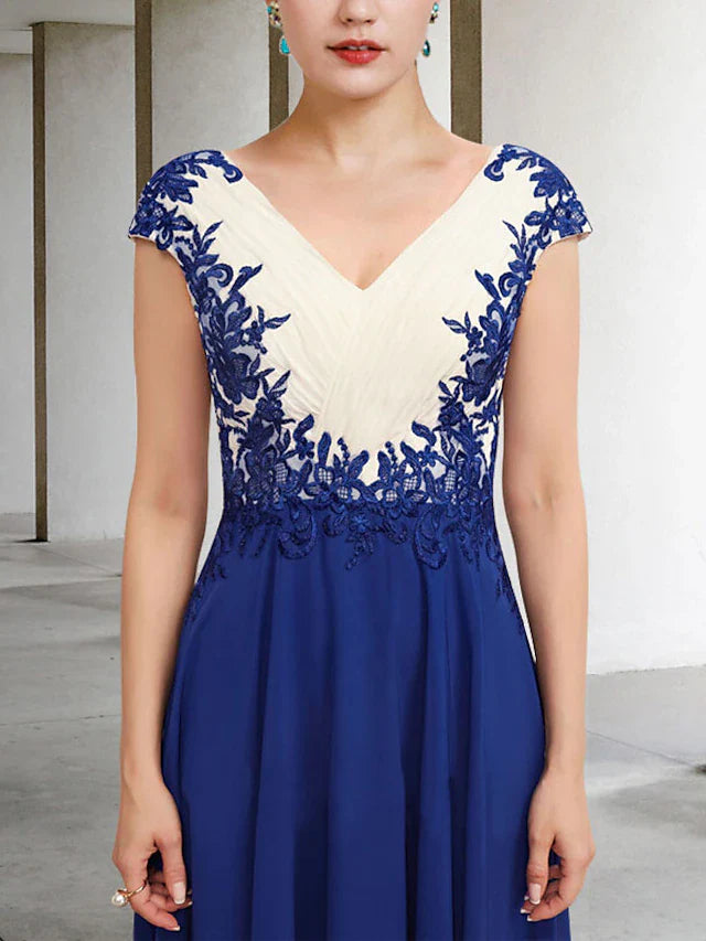 Wholesale A-Line Mother of the Bride Dress Plus Size Elegant V Neck Tea Length Chiffon Lace Cap Sleeve with Appliques Side-Draped Color Block